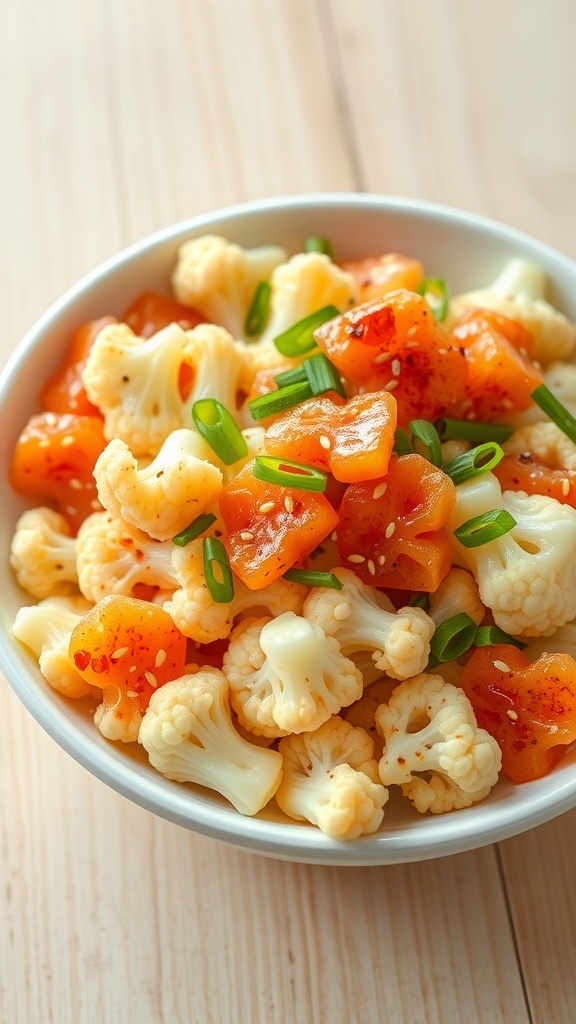 Cauliflower Jellyfish Salad A refreshing cauliflower jellyfish salad with sesame seeds and green onions in a white bowl.